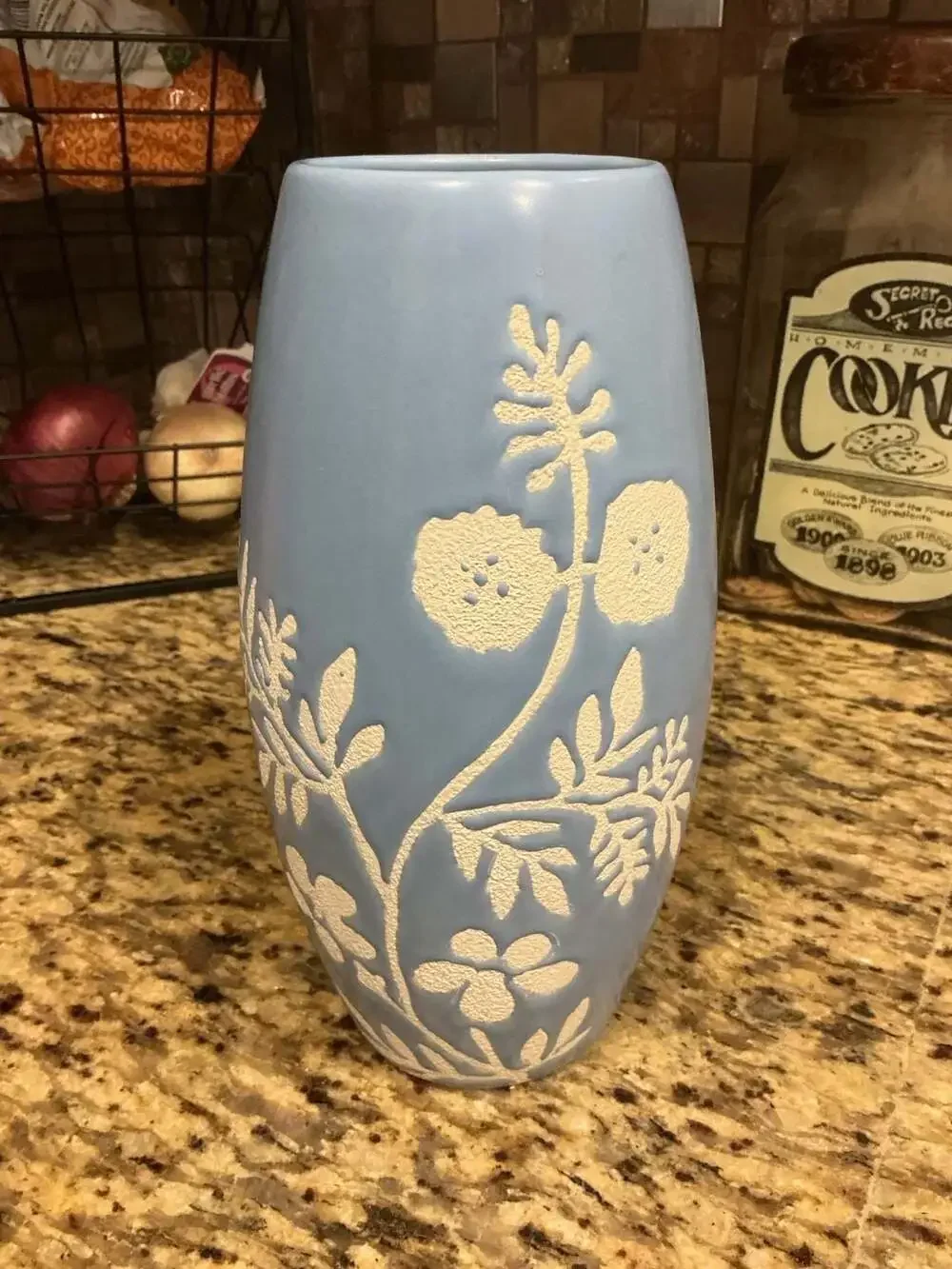 9 inch Light Blue Ceramic Vase with Raised White Floral Relief